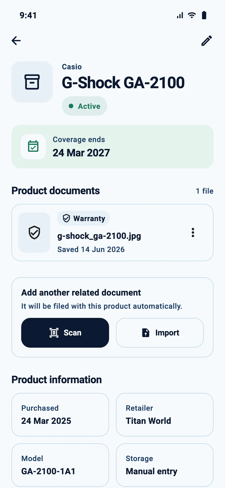 Stowbox product page for a Casio G-Shock: coverage ends 24 March 2027, with the warranty card attached